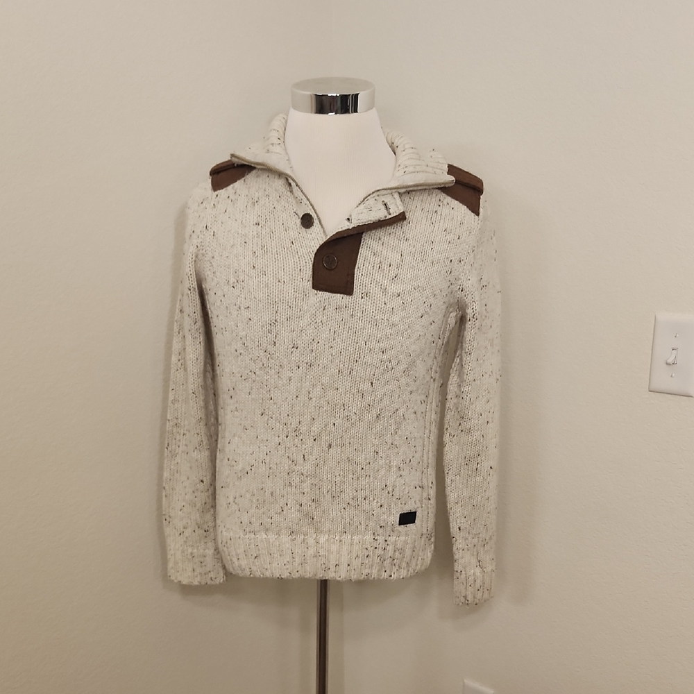 Cream Zip Up Sweater with Mock Turtleneck and Dark Shoulder Accents